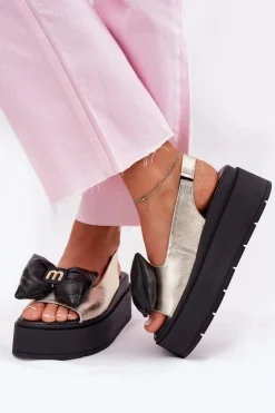 Damskie CheBello Skórzane Sandały Damskie Na Platformie Z Kokardą 4641 Złoto-Czarne
