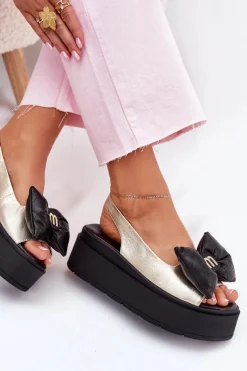 Damskie CheBello Skórzane Sandały Damskie Na Platformie Z Kokardą 4641 Złoto-Czarne