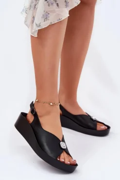 Damskie Damskie buty S.Barski Skórzane Sandały Damskie Na Koturnie I Platformie S.Barski KV51-020 Czarne