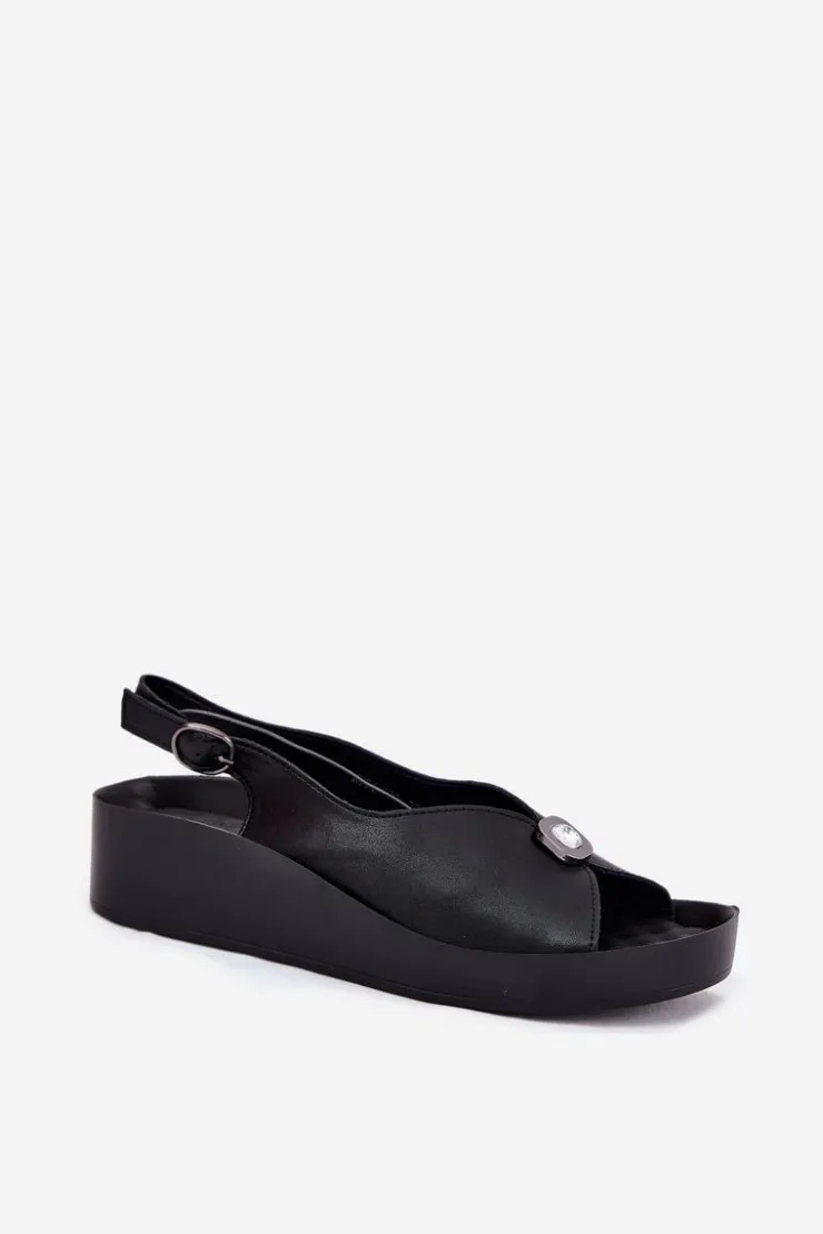 Damskie Damskie buty S.Barski Skórzane Sandały Damskie Na Koturnie I Platformie S.Barski KV51-020 Czarne