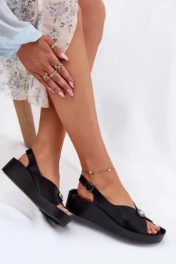 Damskie Damskie buty S.Barski Skórzane Sandały Damskie Na Koturnie I Platformie S.Barski KV51-020 Czarne