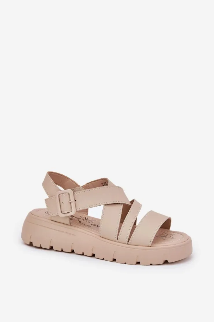 Evento Sandały Na Koturnie|Sandały Płaskie*Skórzane Sandały Damskie Na Platformie Z Klamrą Beżowe Selianae