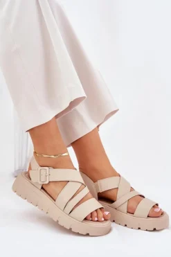 Evento Sandały Na Koturnie|Sandały Płaskie*Skórzane Sandały Damskie Na Platformie Z Klamrą Beżowe Selianae