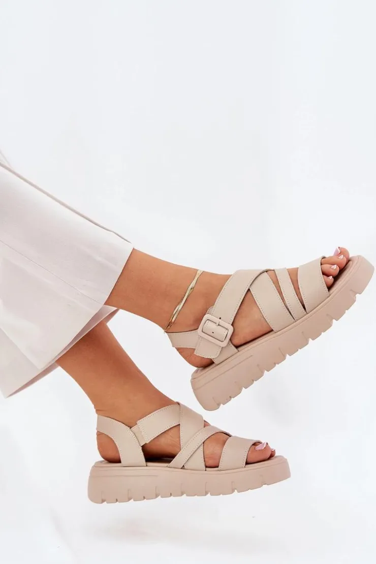 Evento Sandały Na Koturnie|Sandały Płaskie*Skórzane Sandały Damskie Na Platformie Z Klamrą Beżowe Selianae