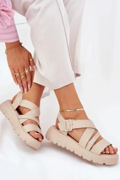 Evento Sandały Na Koturnie|Sandały Płaskie*Skórzane Sandały Damskie Na Platformie Z Klamrą Beżowe Selianae