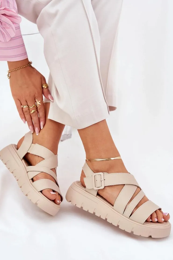 Evento Sandały Na Koturnie|Sandały Płaskie*Skórzane Sandały Damskie Na Platformie Z Klamrą Beżowe Selianae