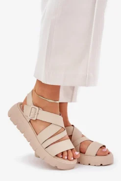Evento Sandały Na Koturnie|Sandały Płaskie*Skórzane Sandały Damskie Na Platformie Z Klamrą Beżowe Selianae