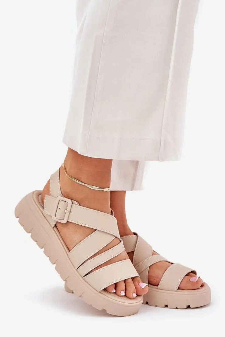 Evento Sandały Na Koturnie|Sandały Płaskie*Skórzane Sandały Damskie Na Platformie Z Klamrą Beżowe Selianae