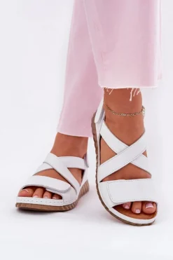 Sale Maciejka Skórzane Sandały Damskie Na Rzep L6848-11 Białe Biały