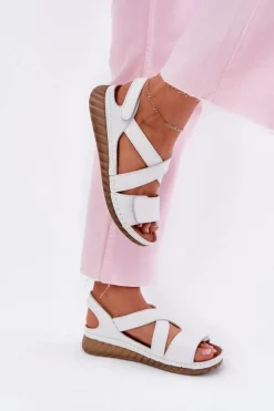 Sale Maciejka Skórzane Sandały Damskie Na Rzep L6848-11 Białe Biały