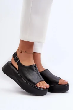 Damskie buty S.Barski Sandały Płaskie*Skórzane Sandały Damskie Na Platformie D&A SJ2301-2 Czarne