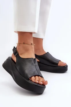 Damskie buty S.Barski Sandały Płaskie*Skórzane Sandały Damskie Na Platformie D&A SJ2301-2 Czarne