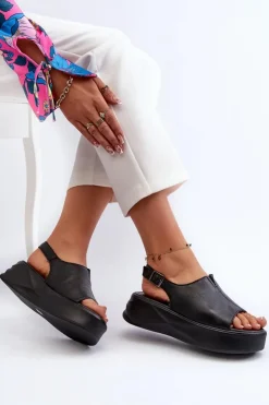 Damskie buty S.Barski Sandały Płaskie*Skórzane Sandały Damskie Na Platformie D&A SJ2301-2 Czarne