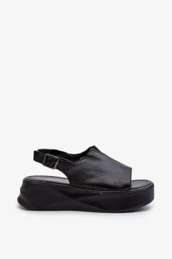 Damskie buty S.Barski Sandały Płaskie*Skórzane Sandały Damskie Na Platformie D&A SJ2301-2 Czarne