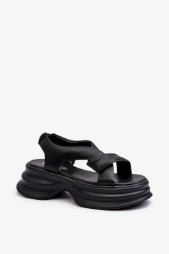 New GOE Skórzane Sandały Damskie Na Masywnej Podeszwie Czarne NN2N4106 Czarny