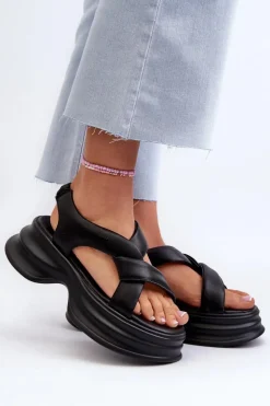 New GOE Skórzane Sandały Damskie Na Masywnej Podeszwie Czarne NN2N4106 Czarny