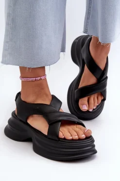 New GOE Skórzane Sandały Damskie Na Masywnej Podeszwie Czarne NN2N4106 Czarny