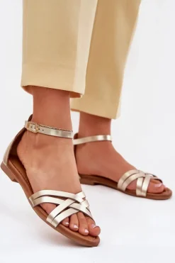 Damskie Maciejka Skórzane Sandały Damskie Na Płaskim Obcasie 07029-25 Złote