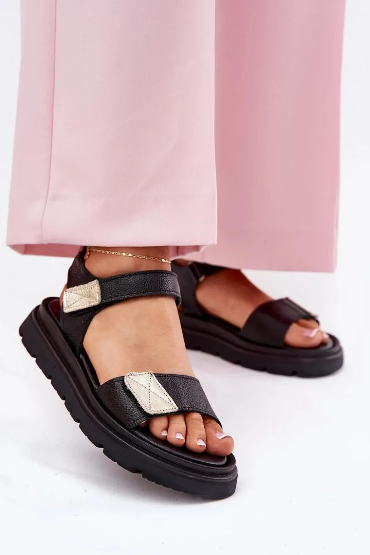 Damskie Zazoo Skórzane Sandały Damskie Na Platformie 40443 Czarne