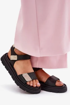 Damskie Zazoo Skórzane Sandały Damskie Na Platformie 40443 Czarne