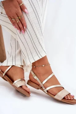 Maciejka Sandały Płaskie*Skórzane Sandały Damskie Na Płaskim Obcasie 06966-25 Złote