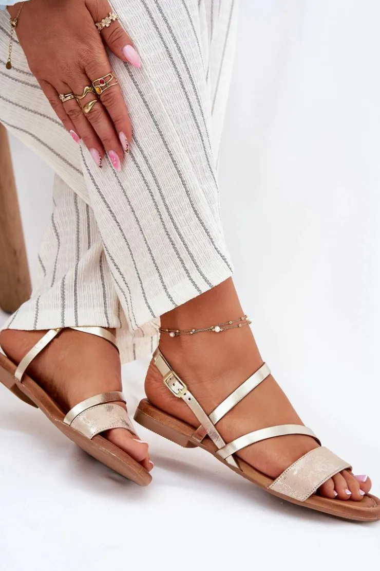 Maciejka Sandały Płaskie*Skórzane Sandały Damskie Na Płaskim Obcasie 06966-25 Złote