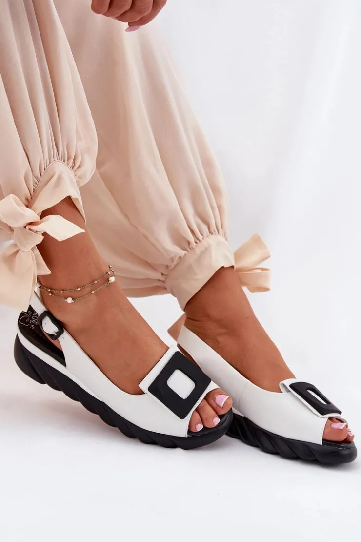 Artiker Sandały Z Cholewką|Sandały Na Koturnie*Skórzane Sandały Damskie Na Koturnie z Ozdobą 56C2157 Białe Biały