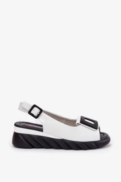 Artiker Sandały Z Cholewką|Sandały Na Koturnie*Skórzane Sandały Damskie Na Koturnie z Ozdobą 56C2157 Białe Biały