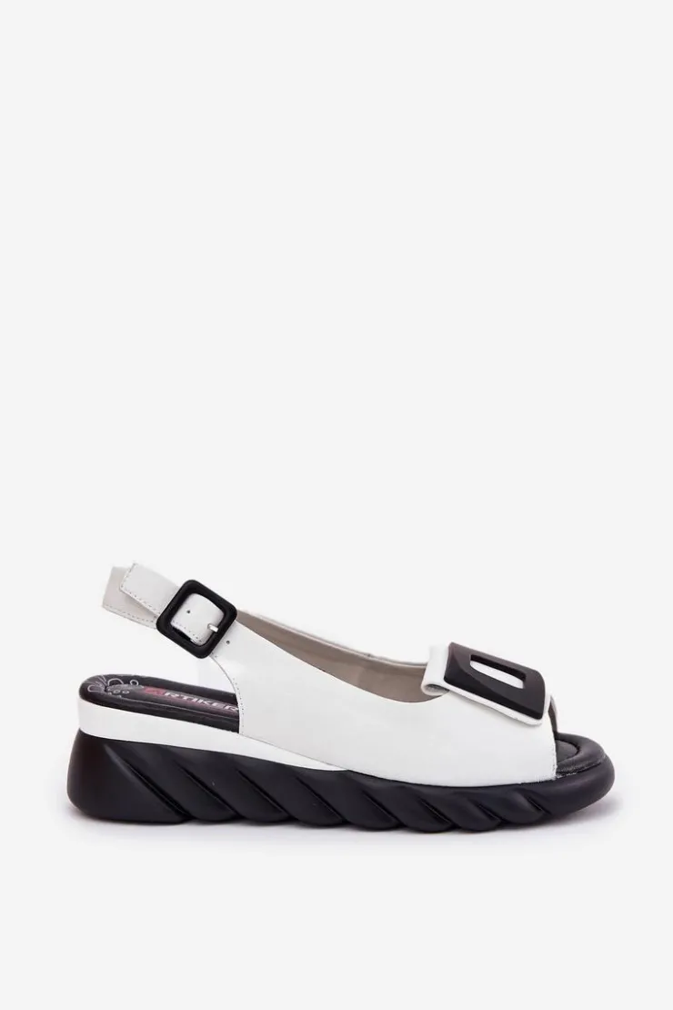 Artiker Sandały Z Cholewką|Sandały Na Koturnie*Skórzane Sandały Damskie Na Koturnie z Ozdobą 56C2157 Białe Biały