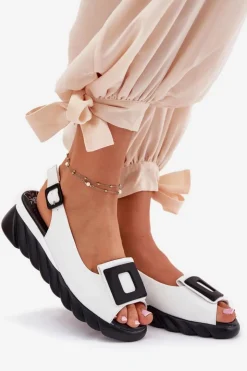 Artiker Sandały Z Cholewką|Sandały Na Koturnie*Skórzane Sandały Damskie Na Koturnie z Ozdobą 56C2157 Białe Biały