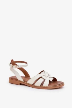 Damskie Boto Skórzane Sandały Damskie Na Płaskim Obcasie Zazoo 3688 Ecru