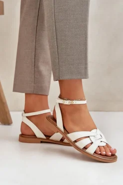 Damskie Boto Skórzane Sandały Damskie Na Płaskim Obcasie Zazoo 3688 Ecru