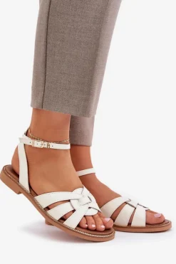 Damskie Boto Skórzane Sandały Damskie Na Płaskim Obcasie Zazoo 3688 Ecru