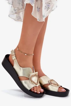 Online Damskie buty S.Barski Skórzane Sandały Damskie Na Koturnie S.Barski KV51-031 Złote Złoty