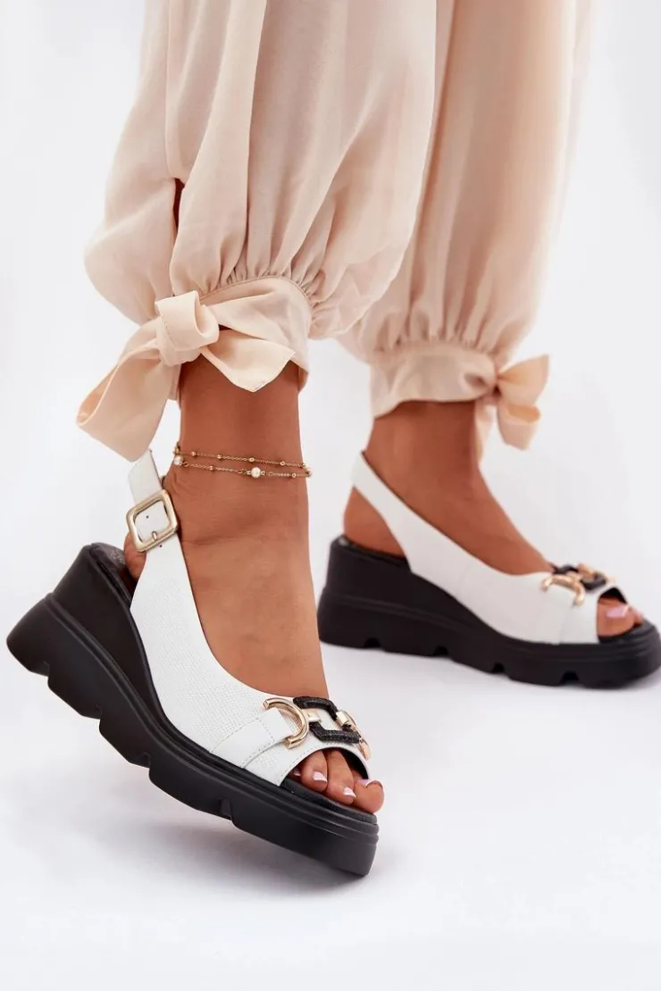 Artiker Sandały Z Cholewką|Sandały Na Koturnie*Skórzane Sandały Damskie Na Koturnie I Platformie Z Ozdobą 56C1588 Białe Biały