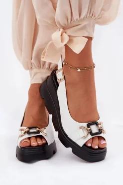 Artiker Sandały Z Cholewką|Sandały Na Koturnie*Skórzane Sandały Damskie Na Koturnie I Platformie Z Ozdobą 56C1588 Białe Biały