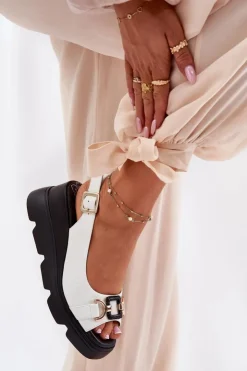 Artiker Sandały Z Cholewką|Sandały Na Koturnie*Skórzane Sandały Damskie Na Koturnie I Platformie Z Ozdobą 56C1588 Białe Biały