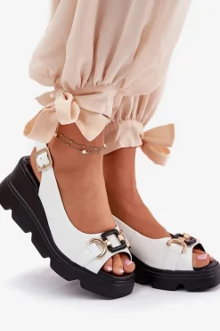 Artiker Sandały Z Cholewką|Sandały Na Koturnie*Skórzane Sandały Damskie Na Koturnie I Platformie Z Ozdobą 56C1588 Białe Biały