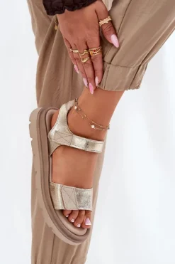 Zazoo Sandały Płaskie*Skórzane Sandały Damskie Na Platformie 40443 Złote Złoty