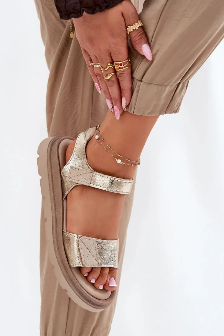 Zazoo Sandały Płaskie*Skórzane Sandały Damskie Na Platformie 40443 Złote Złoty