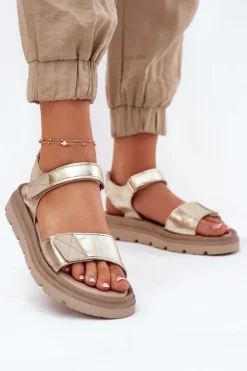 Zazoo Sandały Płaskie*Skórzane Sandały Damskie Na Platformie 40443 Złote Złoty