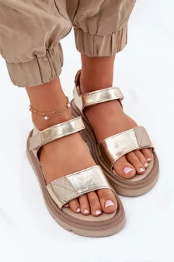 Zazoo Sandały Płaskie*Skórzane Sandały Damskie Na Platformie 40443 Złote Złoty