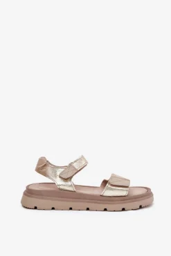 Zazoo Sandały Płaskie*Skórzane Sandały Damskie Na Platformie 40443 Złote Złoty