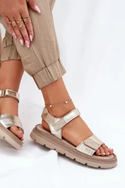 Zazoo Sandały Płaskie*Skórzane Sandały Damskie Na Platformie 40443 Złote Złoty