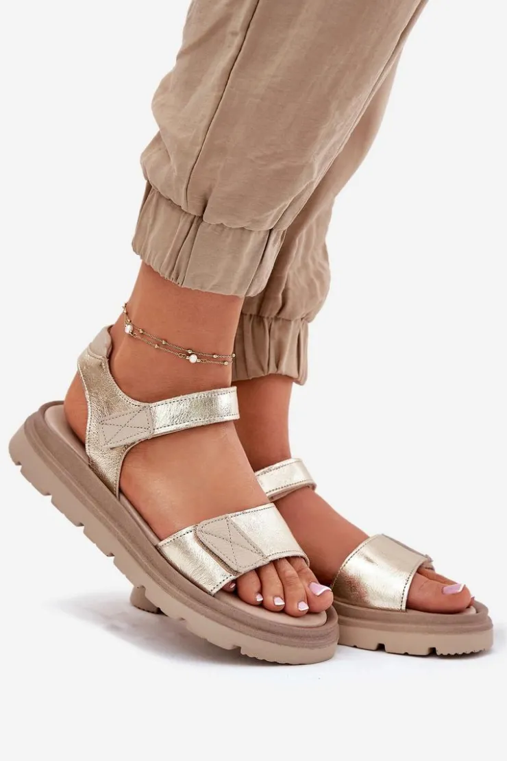 Zazoo Sandały Płaskie*Skórzane Sandały Damskie Na Platformie 40443 Złote Złoty