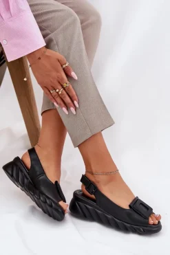 Artiker Sandały Na Koturnie|Sandały Z Cholewką*Skórzane Sandały Damskie Na Koturnie z Ozdobą 56C2156 Czarne Czarny