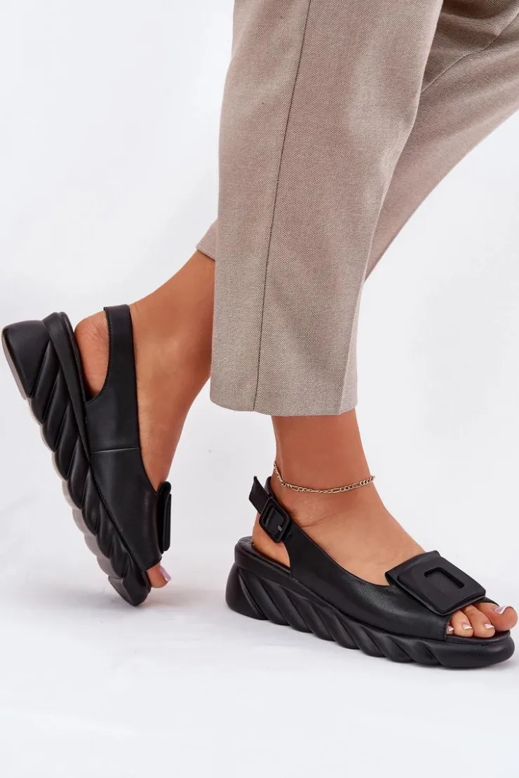 Artiker Sandały Na Koturnie|Sandały Z Cholewką*Skórzane Sandały Damskie Na Koturnie z Ozdobą 56C2156 Czarne Czarny