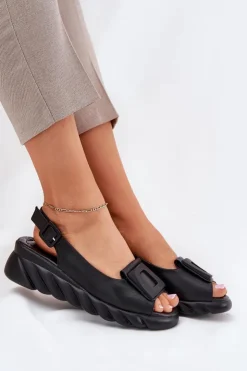Artiker Sandały Na Koturnie|Sandały Z Cholewką*Skórzane Sandały Damskie Na Koturnie z Ozdobą 56C2156 Czarne Czarny