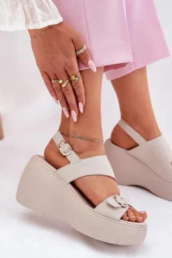 Damskie buty S.Barski Skórzane Sandały Damskie Na Koturnie I Platformie S.Barski LR51-540 Beżowe Beżowy