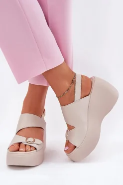 Damskie buty S.Barski Skórzane Sandały Damskie Na Koturnie I Platformie S.Barski LR51-540 Beżowe Beżowy